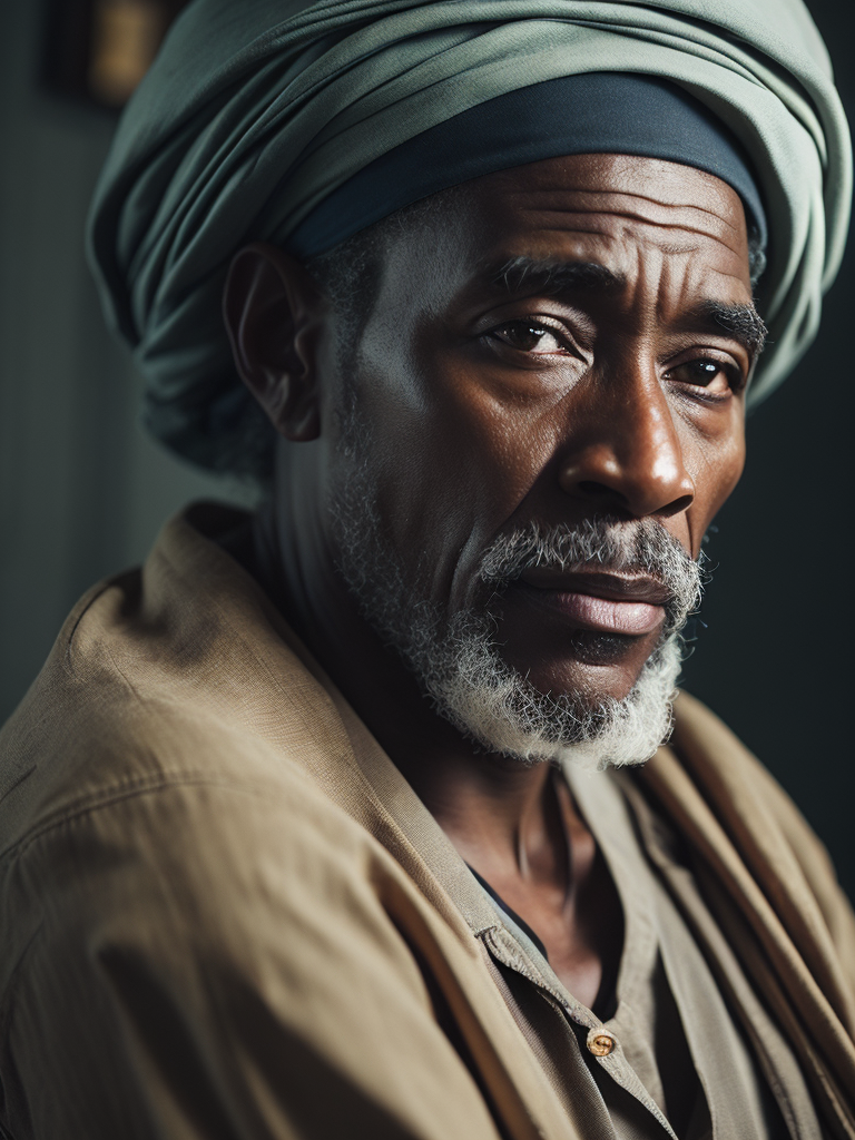 Jamaica's Old Man, portrait, realistic image, lots of details, wearing turban