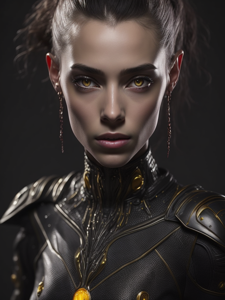 Beautiful alien girl with pink skin and yellow eyes, portrait, black background