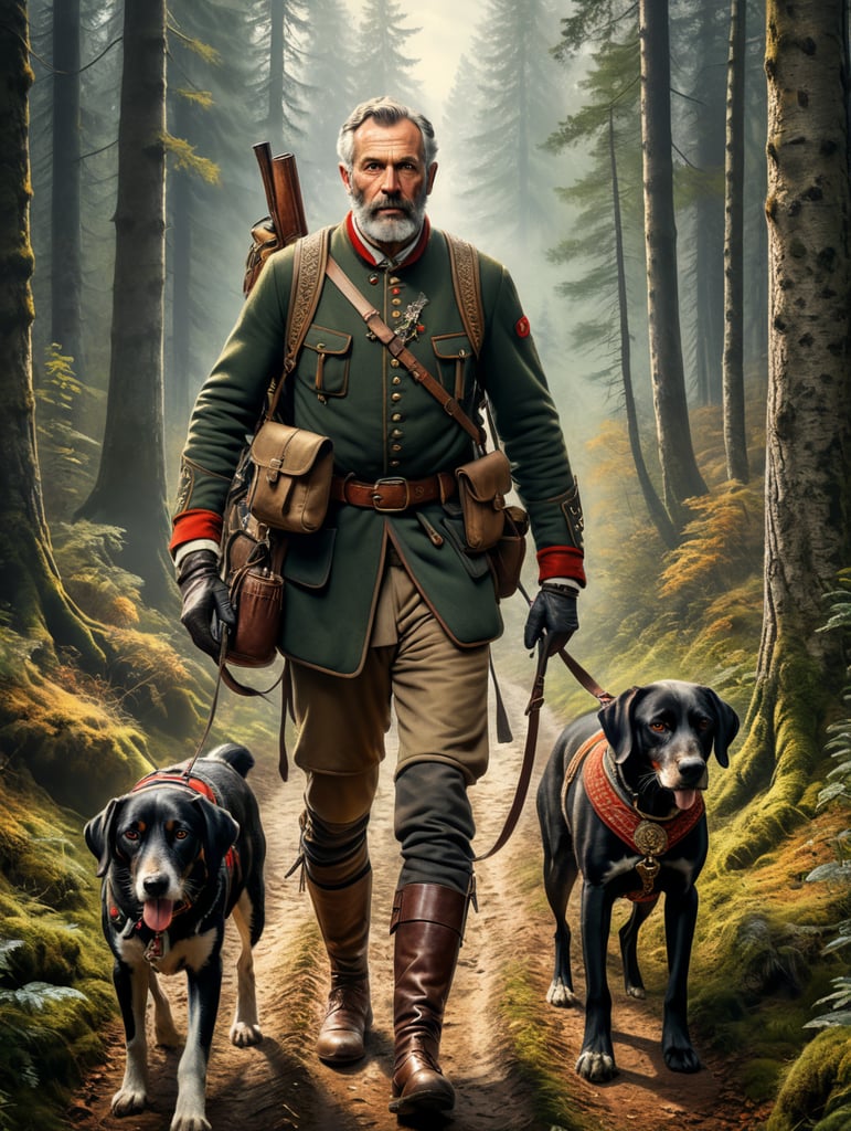 Retro poster an old Austrian hunter with a hunting dog walks along a forest path, dressed in traditional Austrian clothes, carrying a backpack with things, caught game in his belt