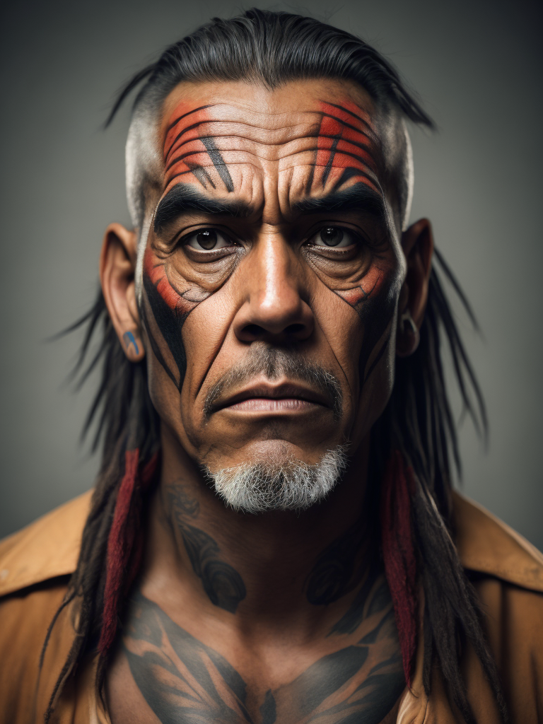 Portrait of New Zealand Native Man with angry face, face tattoos, Contrast color, studio photo, professional photo, Rich colors, Detailed image