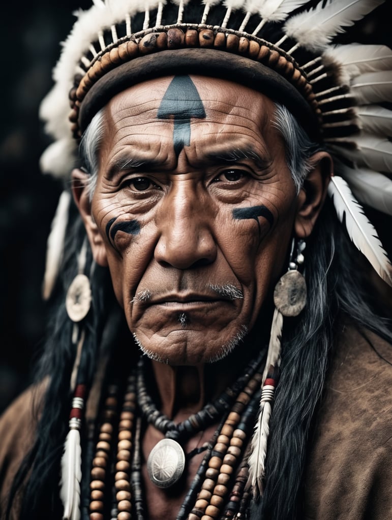 portrait, old western Native American Shaman, national clothing, dark scene, dark atmosphere, epic shot, sharp on details