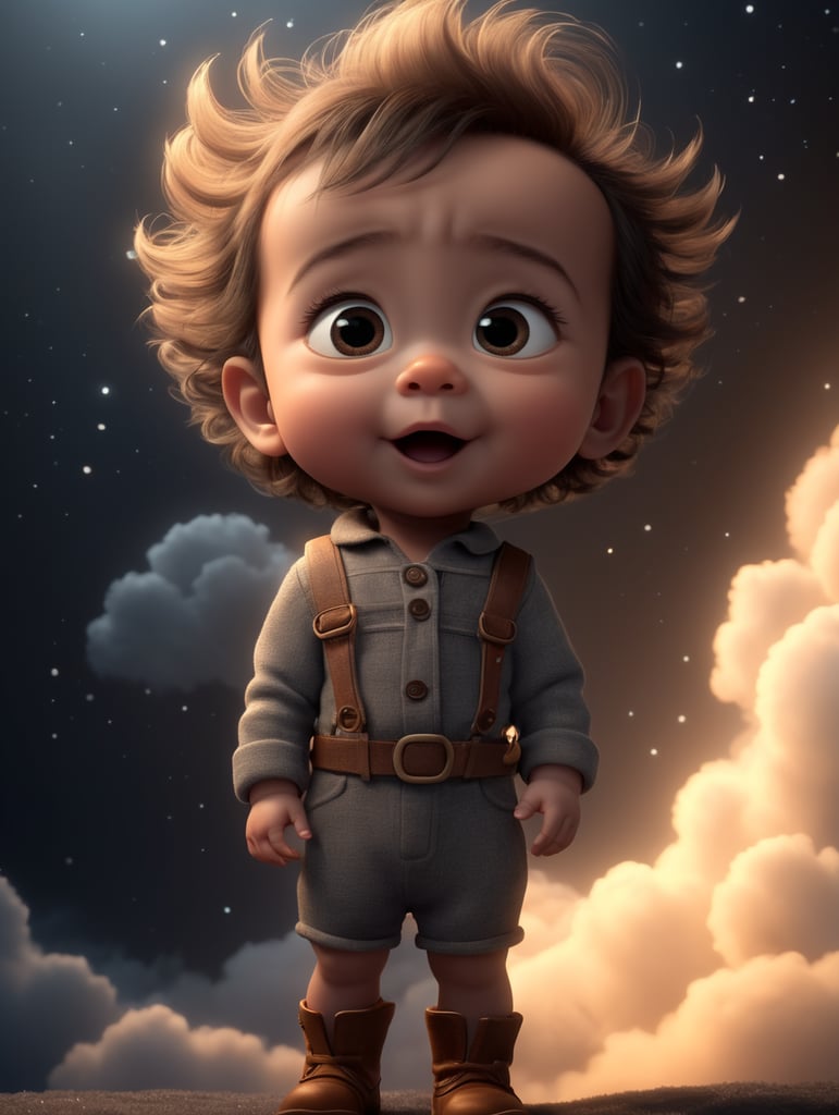 a young baby sleeps above a cloud, big eyes, small nose, and a smiling mouth, standing centered in 3D style, rendered using beautiful Disney animation, Pixar style, Disney style, 3D style