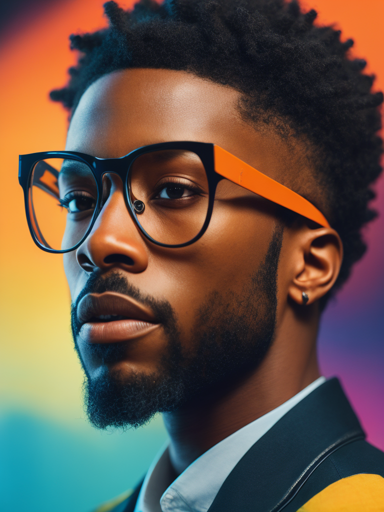 Detailed portrait of the singer the Weekend, Glasses with colored lenses, bright saturated colors, with a small beard, afro hairstyle, bright gradient background,