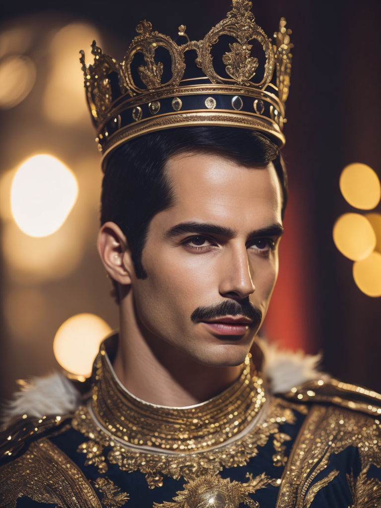 Portrait of Freddie Mercury wearing the Queen's crown, royal mantle, Vivid saturated colors, Contrast light, studio photo, professional photo, Detailed image, detailed face