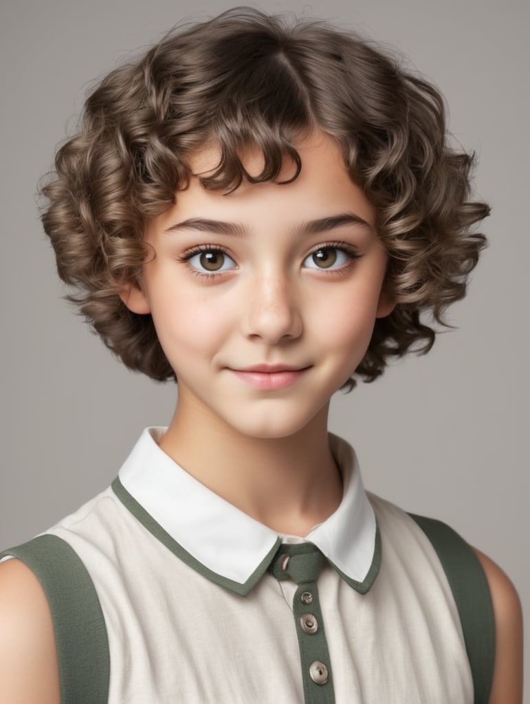 Make a teenager with a sharp nose, curly short hair, and braces and sharp eyes.