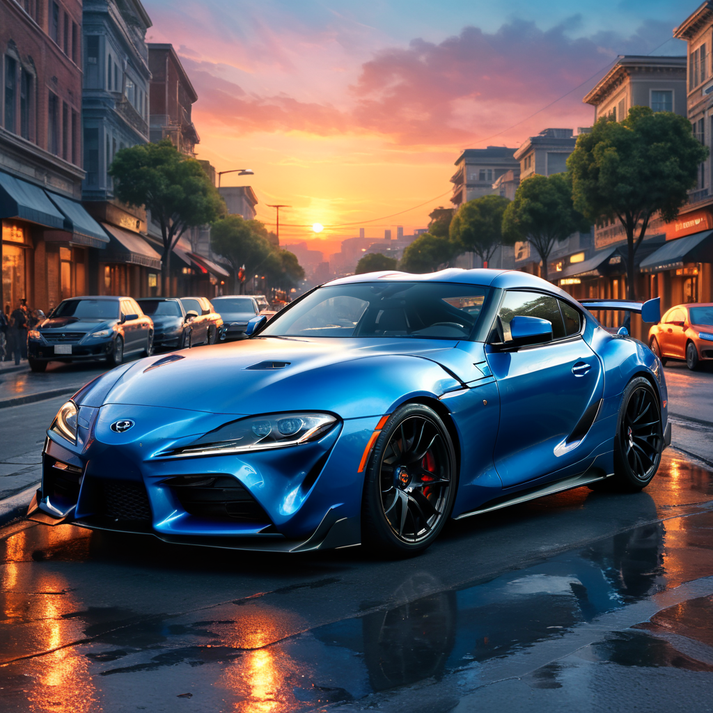 Blue Toyota Supra on a city street at sunset, high quality, ultra detailed, vivid colors