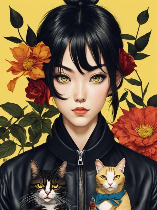 Magazine cover poster, upper portrait of anime girl with cat, ultra detailed, cel shading, artistic, shibuya fashion, harajuku fashion, mucha, frida kahlo, vivid floral oversized sukajan bomber jacket, trends of pixiv, headline, logos labels, badges, graphic design, art by miyazaki hay takashi murakami oda eiichirō