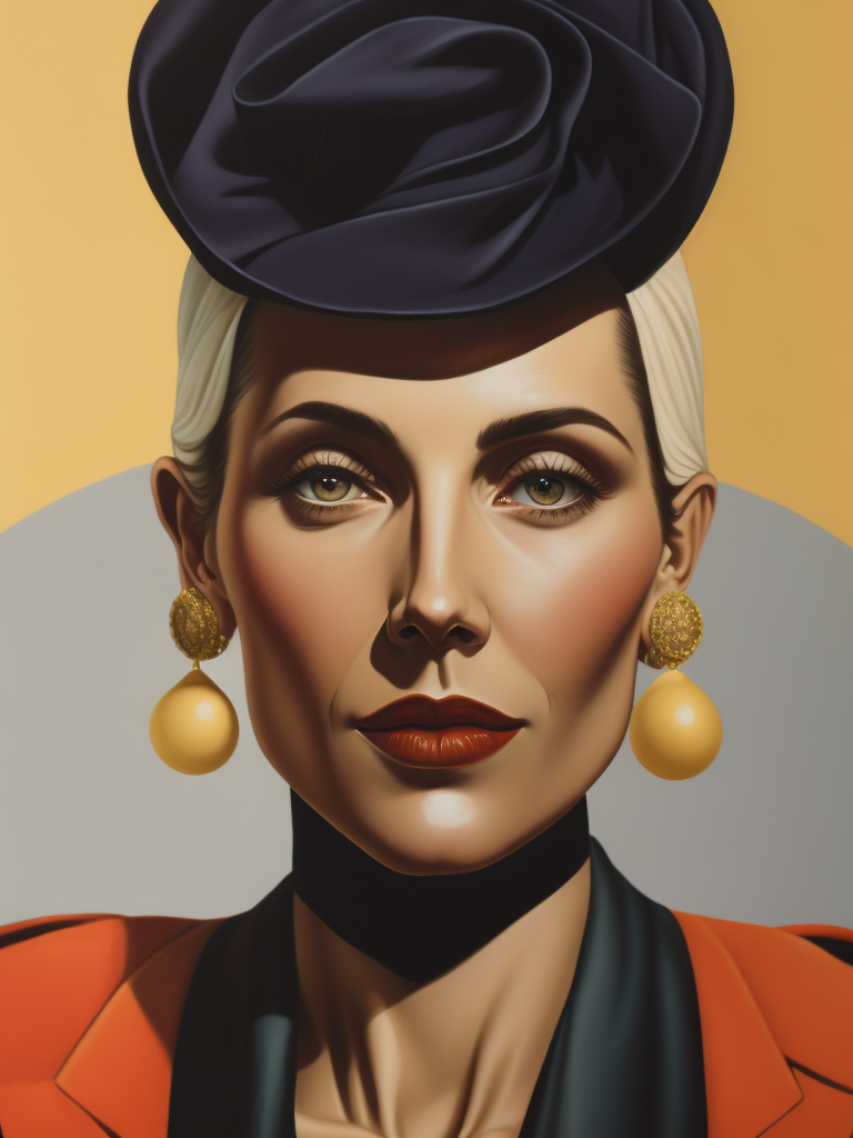 A painting of a very beautiful, middle aged woman in the art deco style of Tamara de Lempicka.