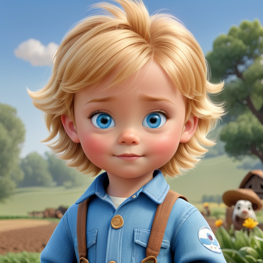 criança de 01 ano com cabelo loiro dourado curto, olhos azuis, estilo pixar disney, com roupa de fazendeiro