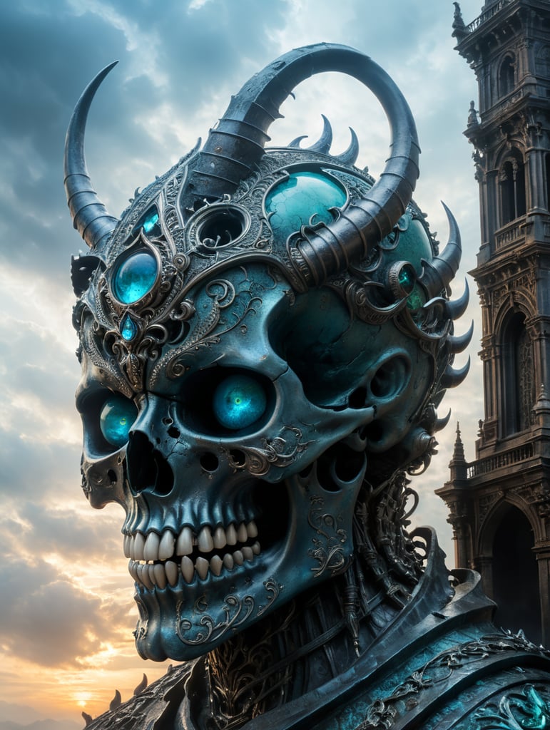 ultra-hd photography, Imagine a towering figure that embodies the nightmarish fusion of a demonic presence and ornate gothic architecture. Its skull-like face gazes forward with piercing, electric-blue eyes that illuminate the shadows. Its skin has the texture of weathered bone, with intricate, baroque designs etched into its surface, giving it an almost armored appearance. Atop its head, two massive, spiraled horns twist towards the heavens, resembling the dark, wrought iron of an ancient gate. Its broad shoulders are accentuated by wing-like structures that cascade downwards, adorned with fine, detailed scrollwork. The entire being is enveloped in an aura of spectral mist, with a color palette dominated by blacks, silvers, and icy blues, highlighting the chilling elegance of its form. Subtle hints of crimson and deep sea green add a touch of otherworldly energy to the figure, as if it's pulsing with a malevolent life force. This entity seems to be not just a creature, but a monument to darkness