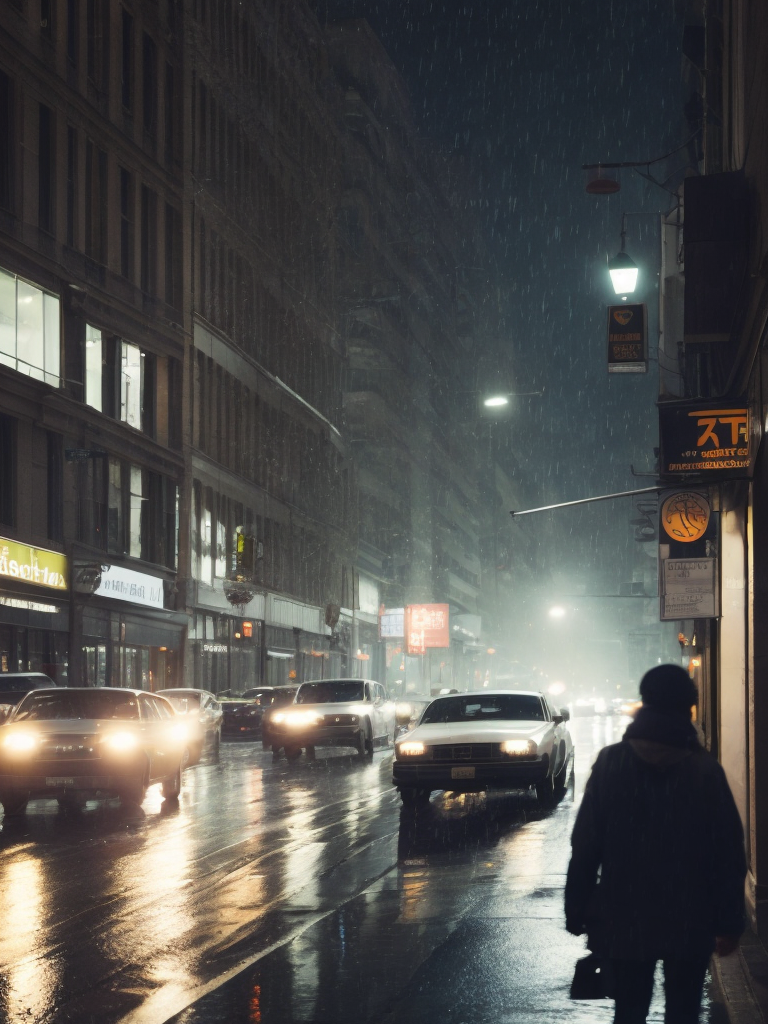 Dark city, rain, people who are in a hurry somewhere, america 1980, more traffic jams, realistic city, window background, booth that sell newspapers