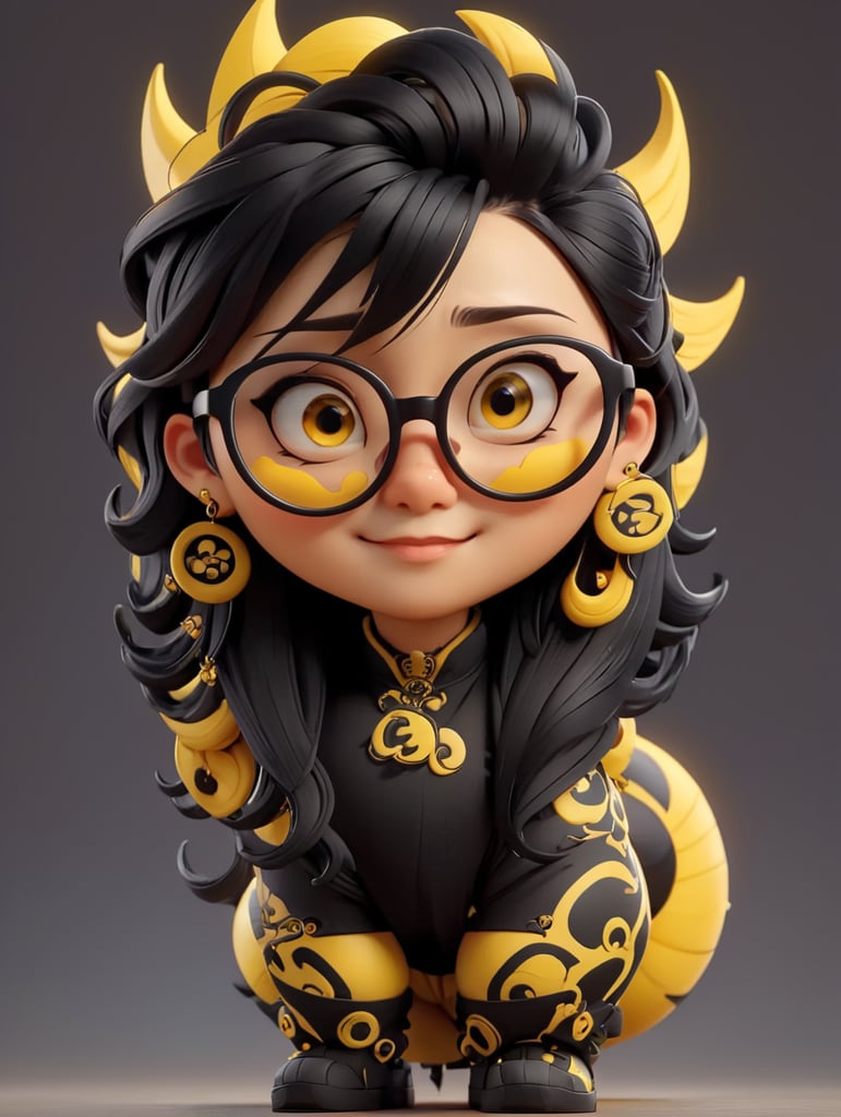 Chinese graphic designer, full body, creative, piercing, glasses, black and yellow colors