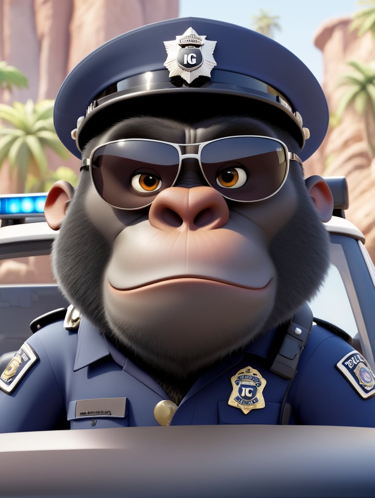 Gorilla police officer, sitting behind the wheel of a police car, close-up shot, sunglasses, clipart, stock photo