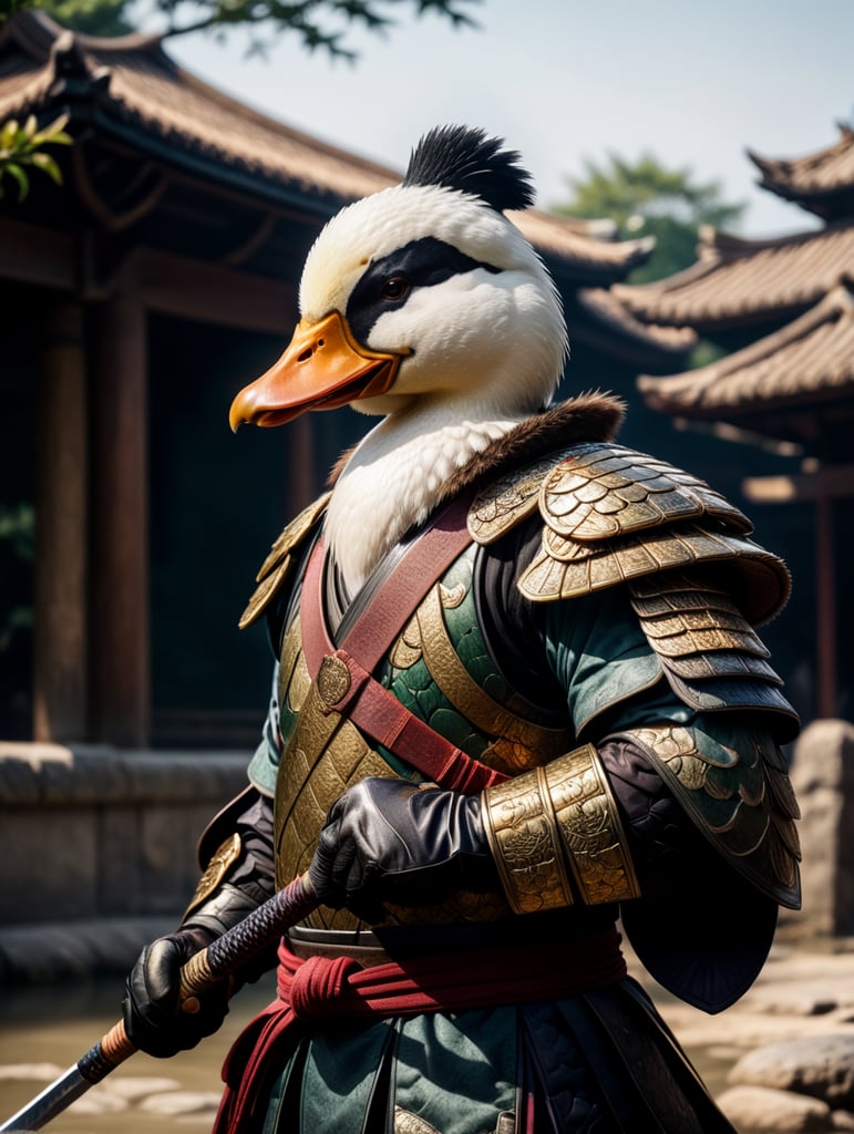 Duck samurai, battlefield, hyper realistic