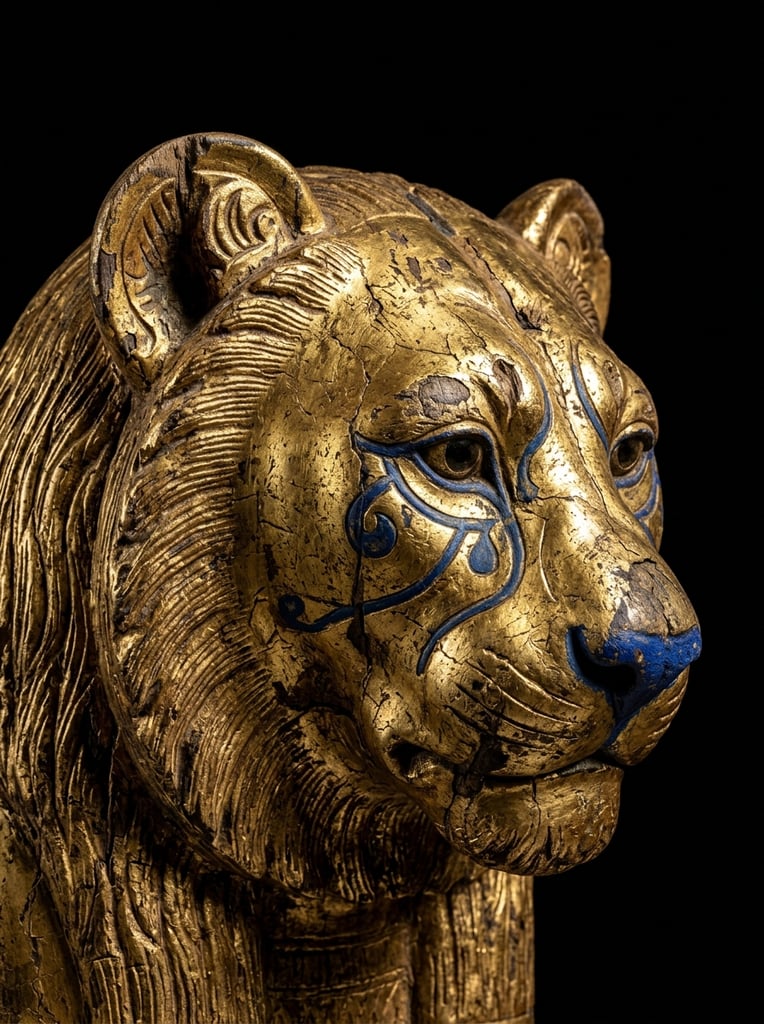 close-up three-quarter profile of an ancient gilded lioness head sculpture, solid black background, weathered metallic gold surface, fine carved lines simulating fur, vivid cobalt blue painted nose, stylized blue teardrop markings around the eyes, rounded ears, cracked gold leaf revealing dark wood underneath, dramatic studio lighting emphasizing rich textures, reflective metallic sheen, high contrast
