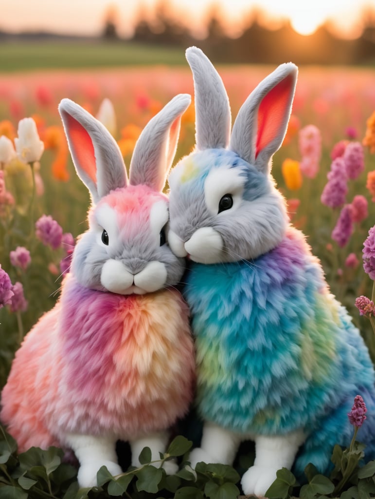 Two tie dye rainbow fur bunnies cuddling in field of flowers sunset