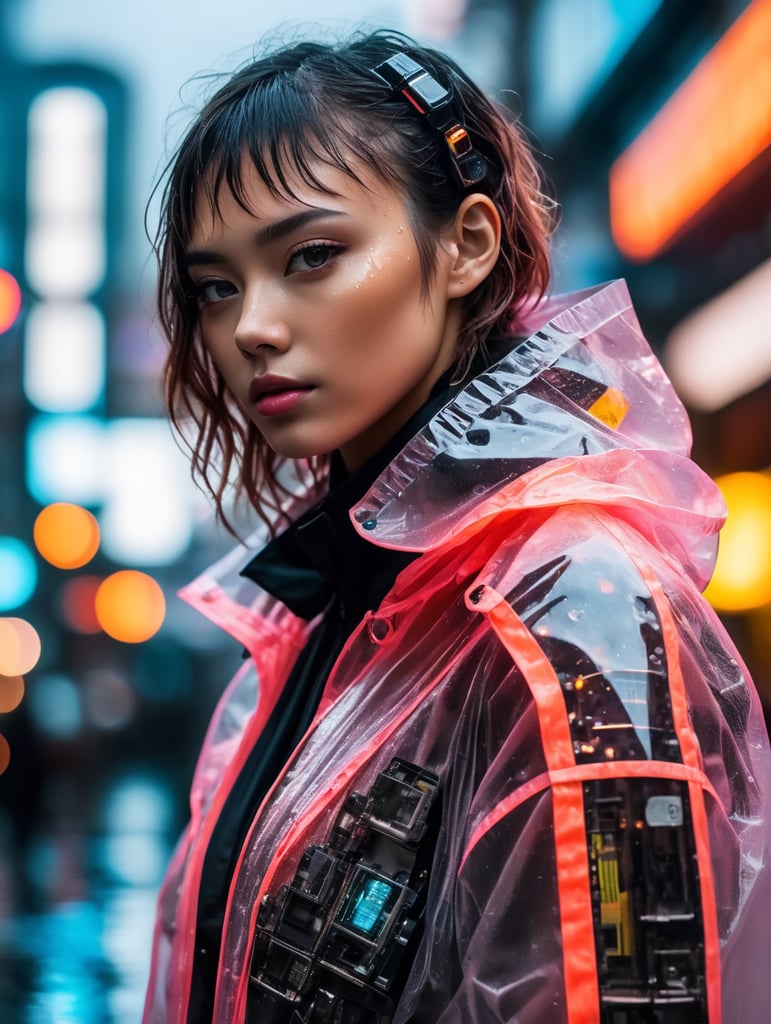 Cyborg girl wearing transparent raincoat, cyborg parts, rainy dark and neon tokio photo shoot, cyberpunk style, bright colours, high contrast, contrast lights