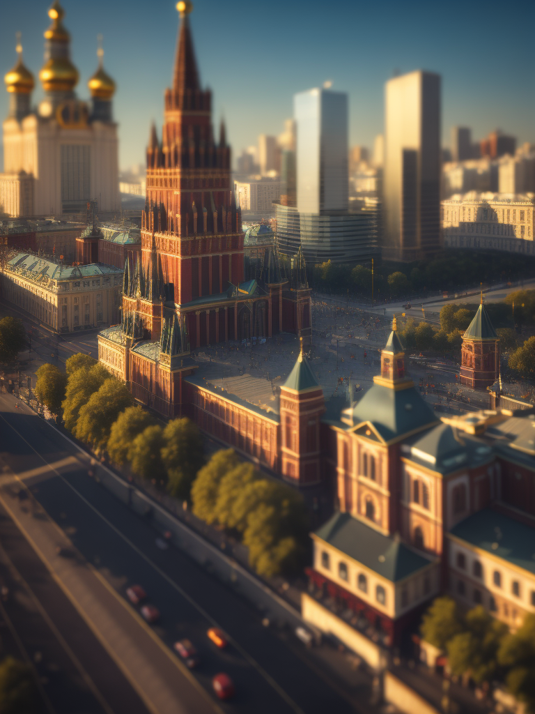 tilt shift photography of moscow, depth of view, sunny, stunning architecture