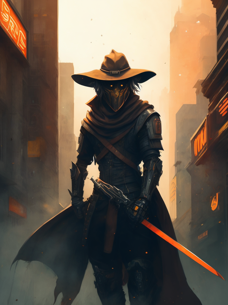 a robot ninja with sword that is holding a straw hat in front of him, in the city rain, in the style of industrial futurism, dark orange and light gray, futuristic robots, thick layers of paint, scoutcore