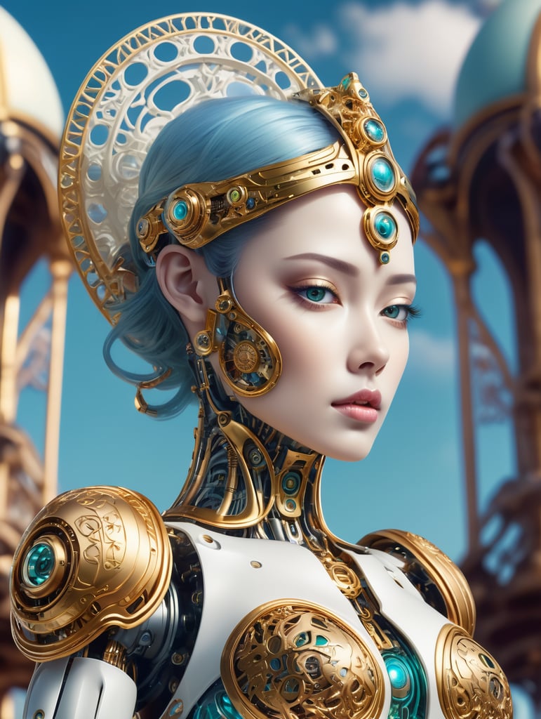 A female robot with an art Nouveau cyberpunk aesthetic, body is made from a delicate mechanical ornamental exterior reminiscent of a delicate gleaming porcelain and gold trimmed filigree should reveal a hollow see through body, hyper-surrealistic detailed 3d rendering digital art style, background galaxy sky
