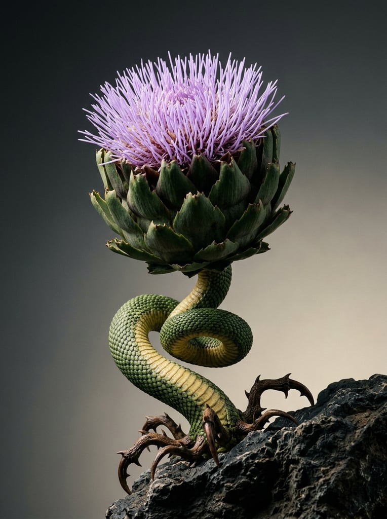 surreal hybrid plant, artichoke-like flower head with thick dark green scales, dense light purple stringy filaments blooming from the center, brown claw-like tendrils at the base, thick twisted stalk resembling a coiled snake, bumpy green reptilian scales with a pale yellow underbelly, smooth dark grey to pale beige gradient background, dark rocky silhouette in bottom right, hyper-realistic macro photography, dramatic studio lighting highlighting organic textures, sharp focus