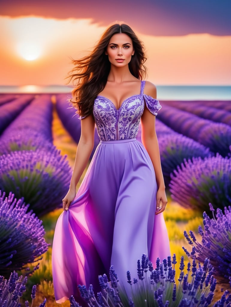 Most beautiful brunette woman in the history of the world standing in a field of lavender near the sea, dramatic lighting, vivid colors, blurry background, sunset