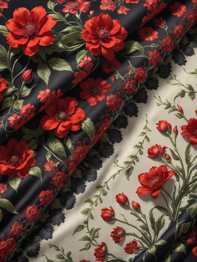 Fabric with printed graphics of red flowers