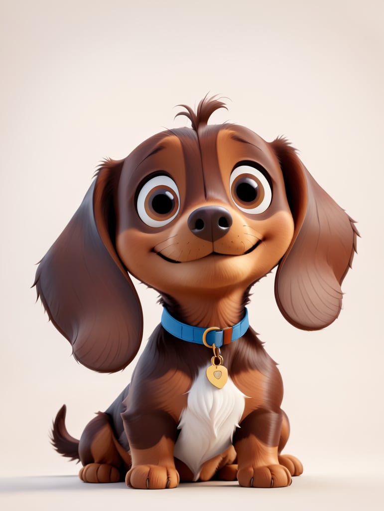A dark brown dachshund with big brown eyes, floppy ears, and white chest, in the style of a Pixar movie character