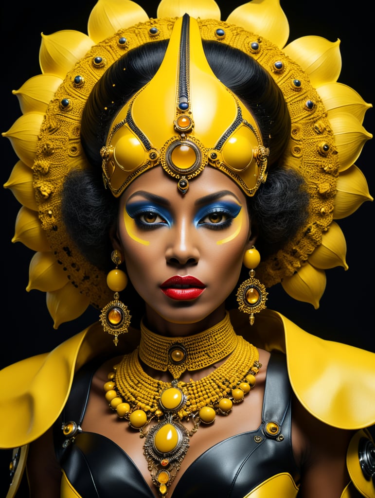 Donyale luna, avant-garde, simplygo, photoshoot spread, dressed in all yellow, black background, harpers bizarre, cover, headshot, hyper realistic