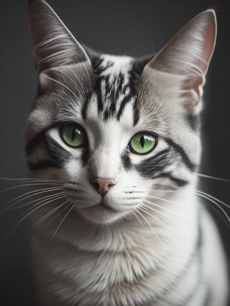 black and white cat, white bib, green eyes, short hair