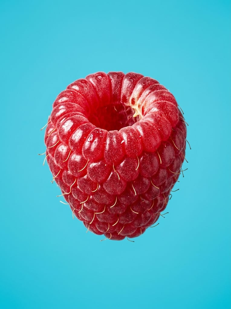 A single ripe crimson raspberry floats centrally against a flat, vibrant cyan-blue background. Macro photography highlights the intricate texture of the plump drupelets, revealing tiny pale golden hairs sprouting from the bumpy surface and a hollow, whitish interior at the top. Bright studio lighting creates glossy highlights across the juicy red exterior, emphasizing the stark complementary color contrast between the detailed fruit and the solid minimalist backdrop.