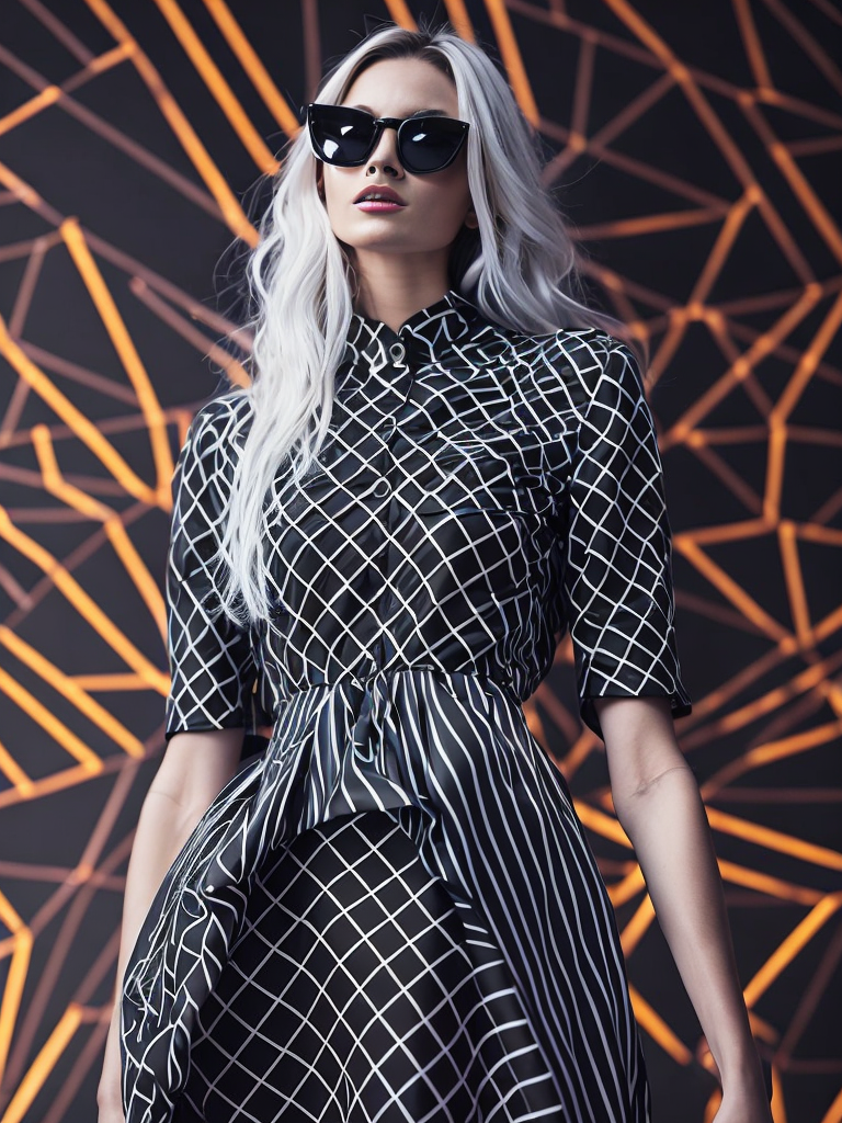 ultra sharp, fashion photoshoot, gothic, style of Alex Ross, futuristic fashionista dress made of rainbow DMT fibonacci grid patterns, shot on x-ray infrared film, bugeye sunglasses