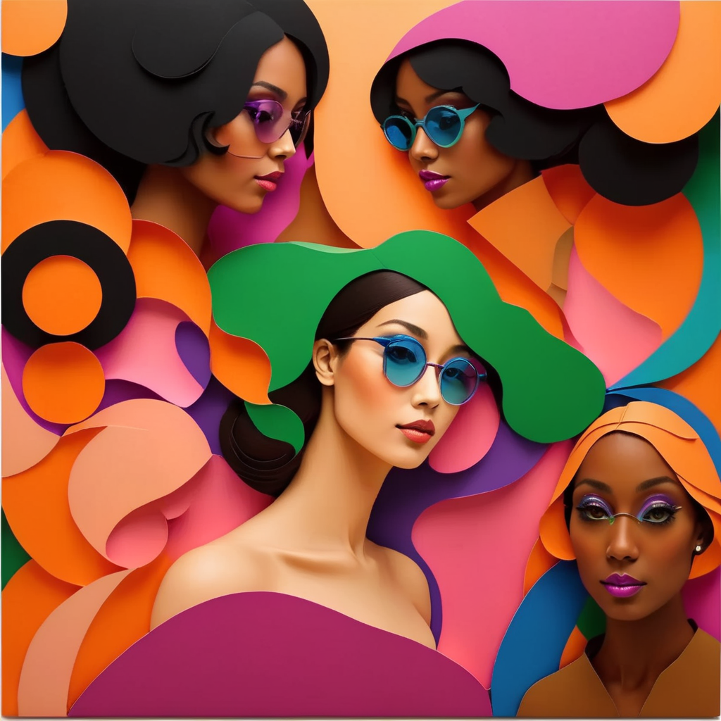 Create a colorful graphic portrait featuring four young diverse women in the vibrant abstract geometric style of artist Jade Purple Brown. The women should have 1970s hairstyles, makeup, and fashion. Compose the image using overlapping circular, oval, and rectangular shapes in bright hues like purple, blue, orange, green, and pink with soft blurred edges in Jade's signature style. Arrange the geometric abstract forms in a dynamic, energetic composition with a sense of rhythm and movement. The women should be interacting, laughing, and exchanging enthusiastic expressions with a joyful, celebratory mood. Apply areas of texture using thick painterly brushstrokes. Emphasize bold graphic stylization over realism for a retro 70s pop art look.