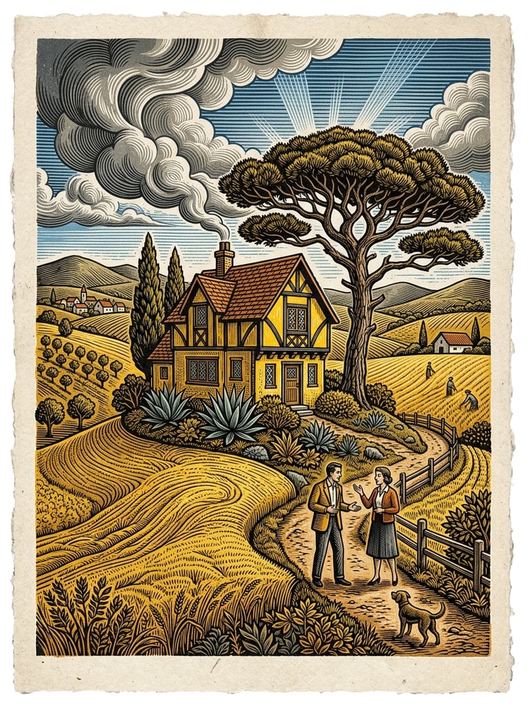 stylized woodcut illustration, vibrant yellow two-story house, intricate topographical linework textures, large flat-topped pine tree, sprawling golden fields, dramatic swirling grey clouds, striated blue sky, mid-century figures conversing on a pathway, spiky agave plants, precise engraving techniques, warm earthy palette