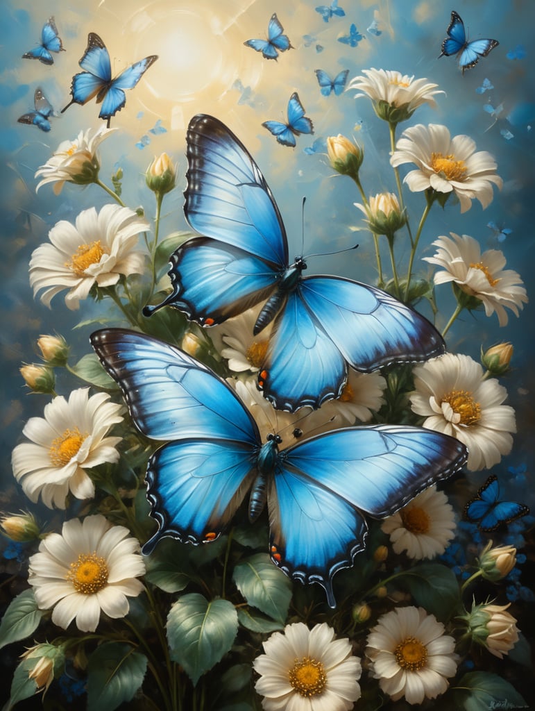 две небесно голубые бабочки порхают над бежевыми цветами. много света, гипердетализация, акцент на деталях, многослойность, много света и струн света. картина маслом