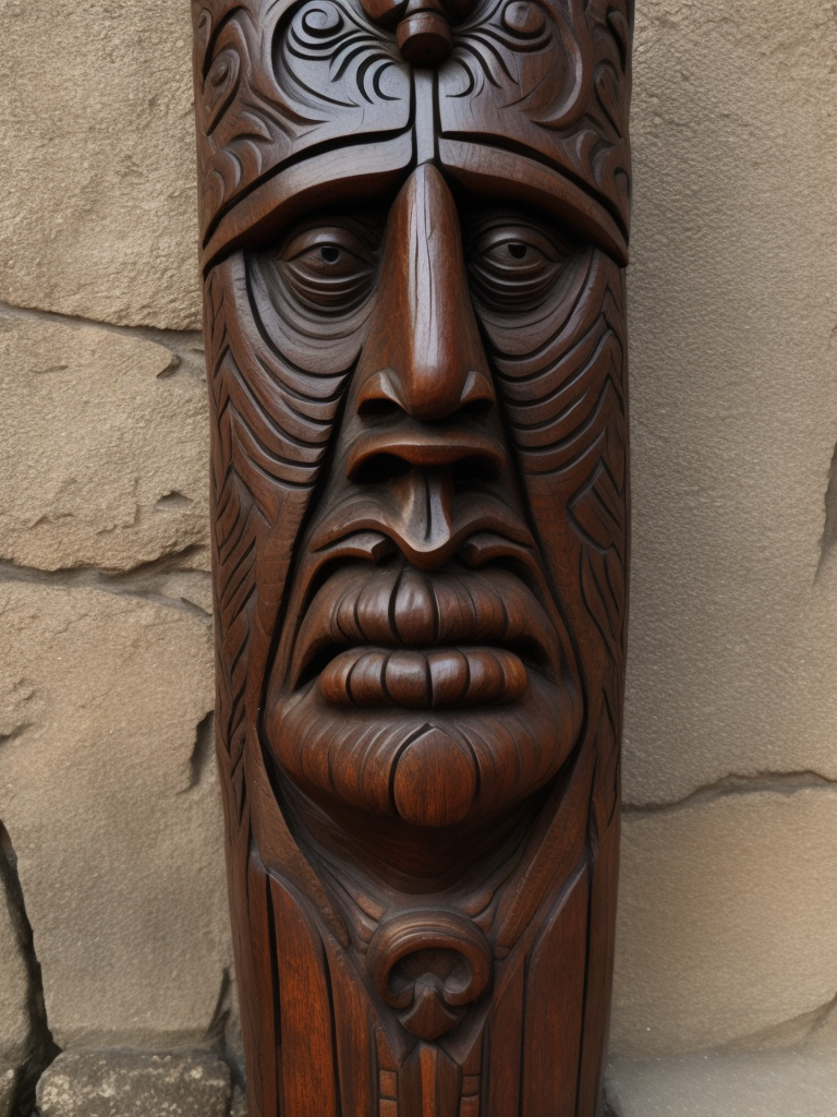 a North American totem carved from the dark wood, detailed, deep carving, handcrafted