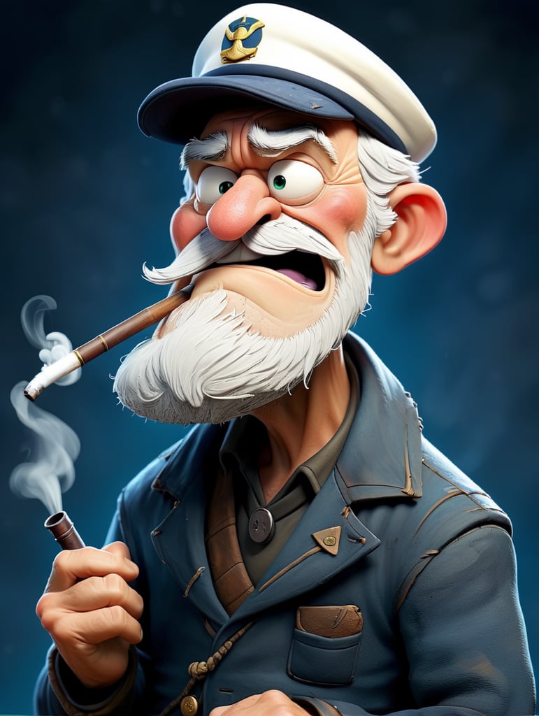 grumpy old sailor captain, torn and tattered clothes, smoking a pipe, comic book art