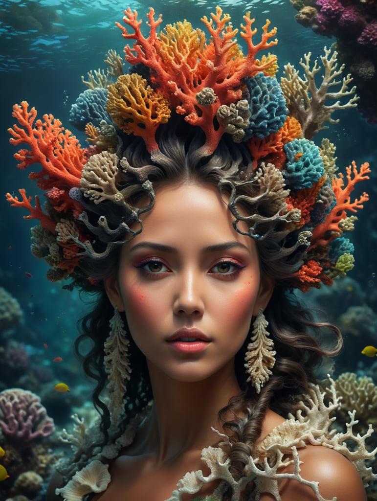 WS,an image of a woman with corals in her hair, in the style of mixes realistic and fantastical elements,fashion Deep V clothing, 4k