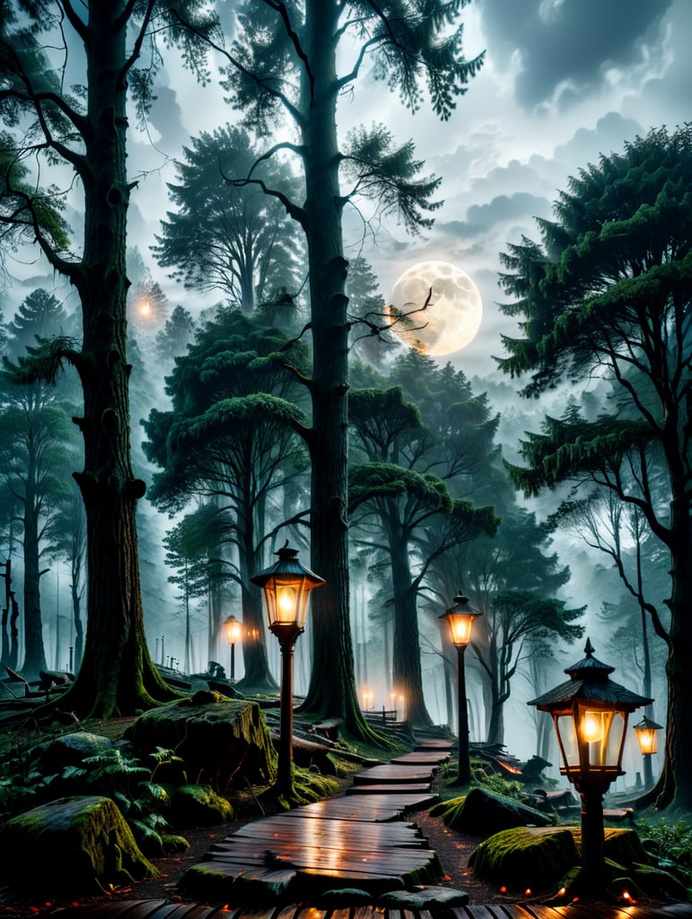 generate scene - picture: it is night, fog in the forest, a forest of deciduous trees, you can see the moonlight, although the moon is not in the picture. on the floor there is a wooden terrace made of dark long boards. On the terrace there are large oval lamps with milky shades and candles. You can see a gray rock in the background. In the foreground is the trunk of a tall tree