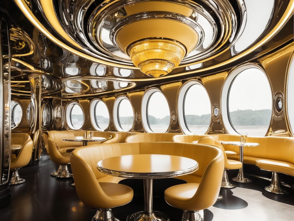 Futuristic interior of UFO cafe. Alien interior, chrome and gold tones