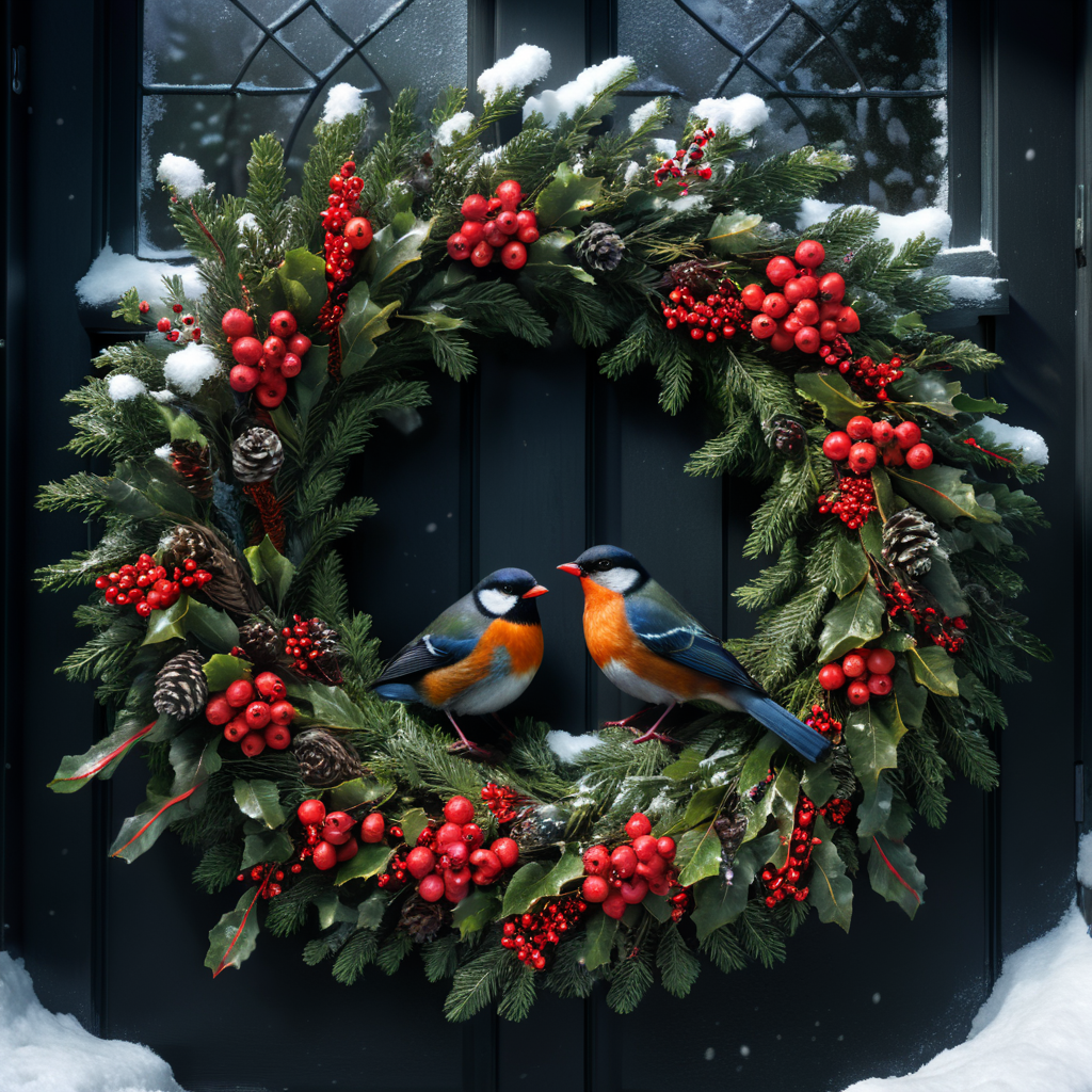 close up photo of a christmas wreath with a bird and berries on it, snowy atmosphere, dark colors, deep colors