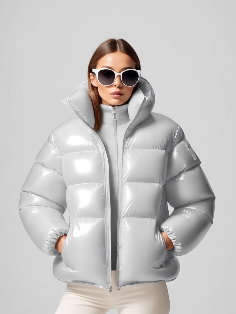 Inflatable white minimalist women's puffer jacket, wearing sunglasses, transparent, isolated, grey background, mockup