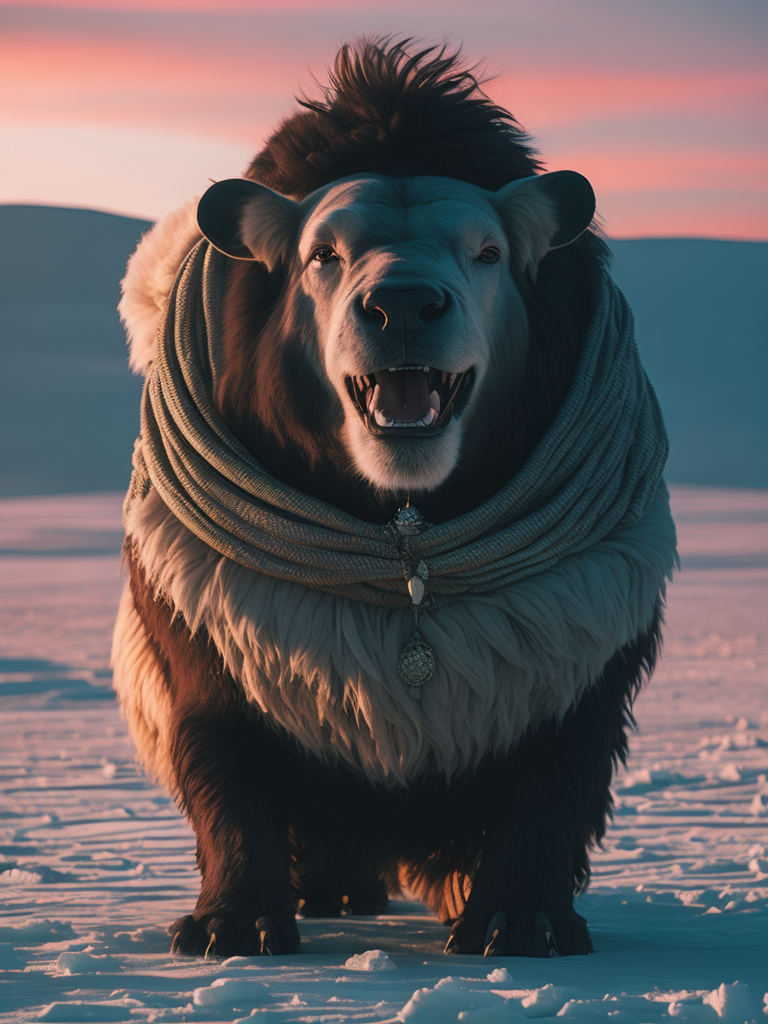 Screenshot from the film 2001 A Space Odyssey by Alejandro Jodorowsky, smiling viking Anthropomorphic buffalo creature in an ice desert North pole, Landscape photography, sunset northern lights, Wes Anderson photography, turquoise and pink white