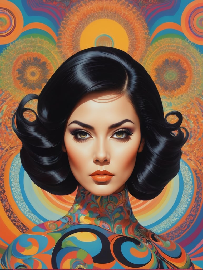 environment map, abstract 1998 air hostess poster, portrait of thick shiny black wavy hair, dramatic makeup , intricate stunning highly detailed, abstract, kaleidoscopic, trippy, 60s style, op art, bright colors, swirling patterns, hypnotic, art by Victor Moscoso and Bridget Riley by sachin teng x supreme