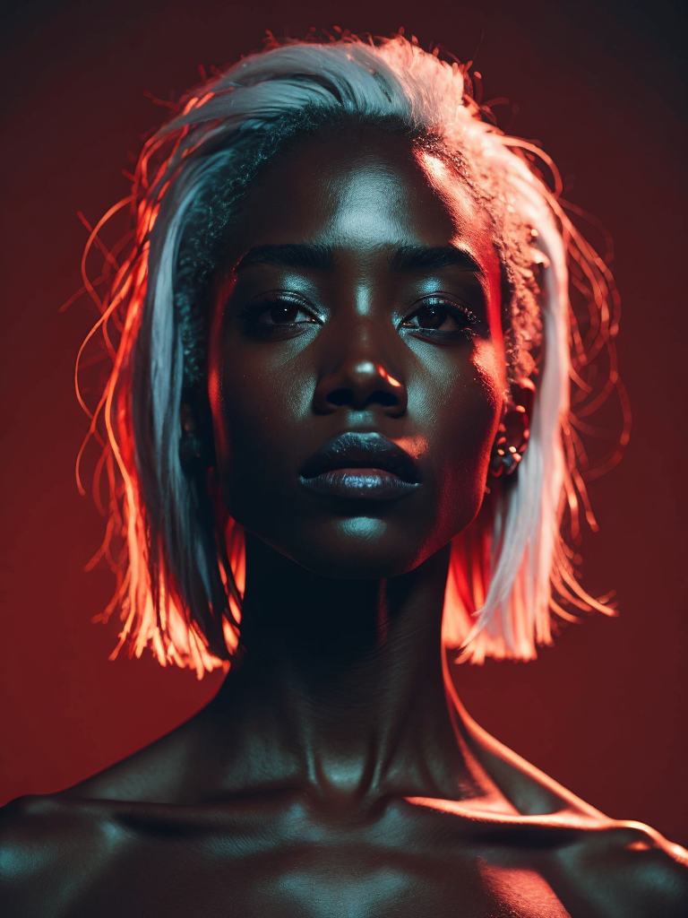 black girl on a red background, red light reflection on her face, White hair