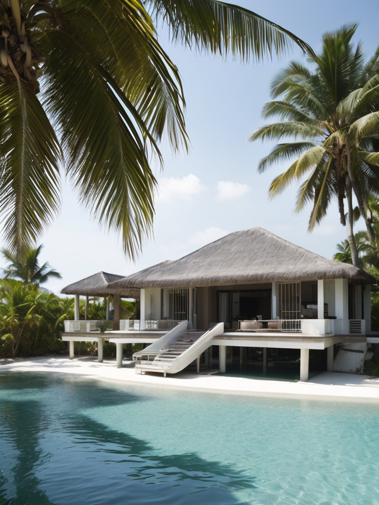 Over water villa in the maledives with the sun shining and some palms