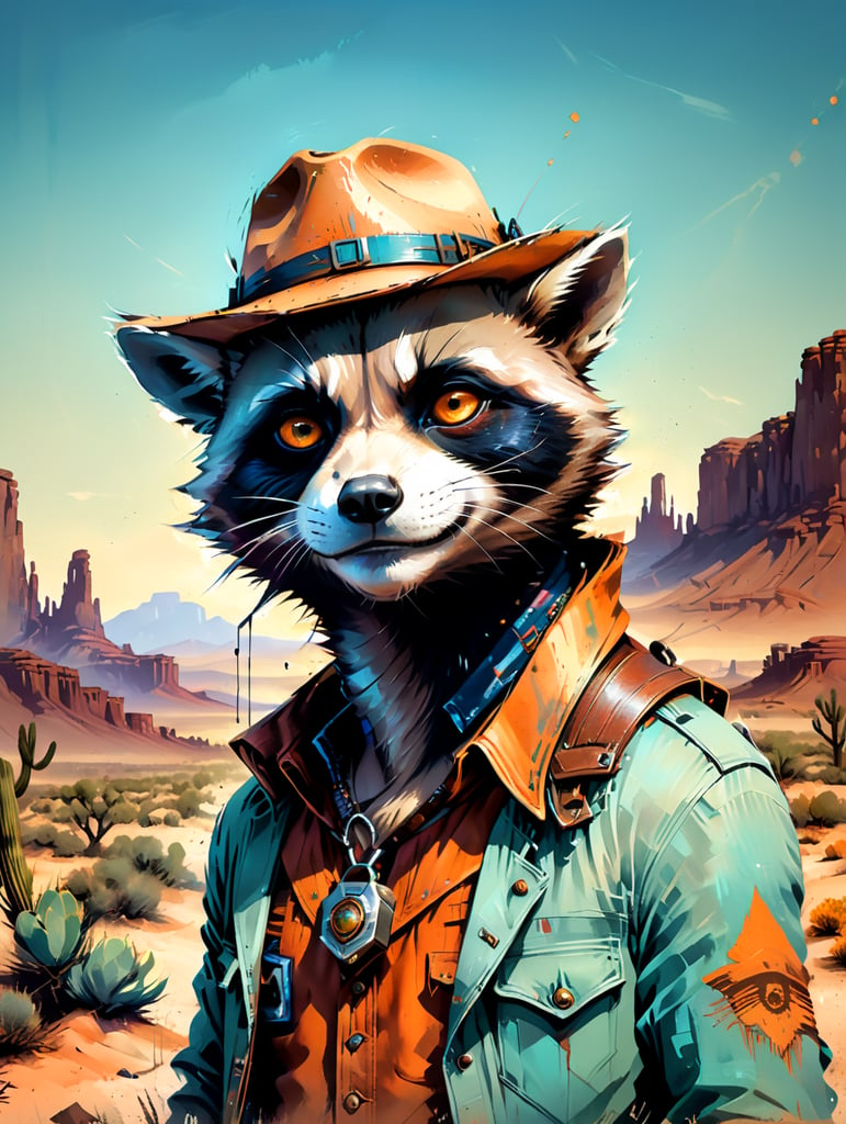 Cheeky racoon. Eye winking. dressed as a cowboy in a desert country and western setting