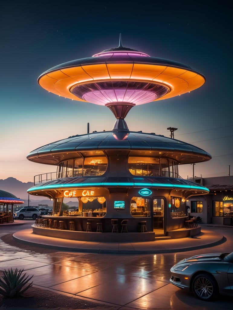 futuristic ufo cafe, desert, an night, neon, glass