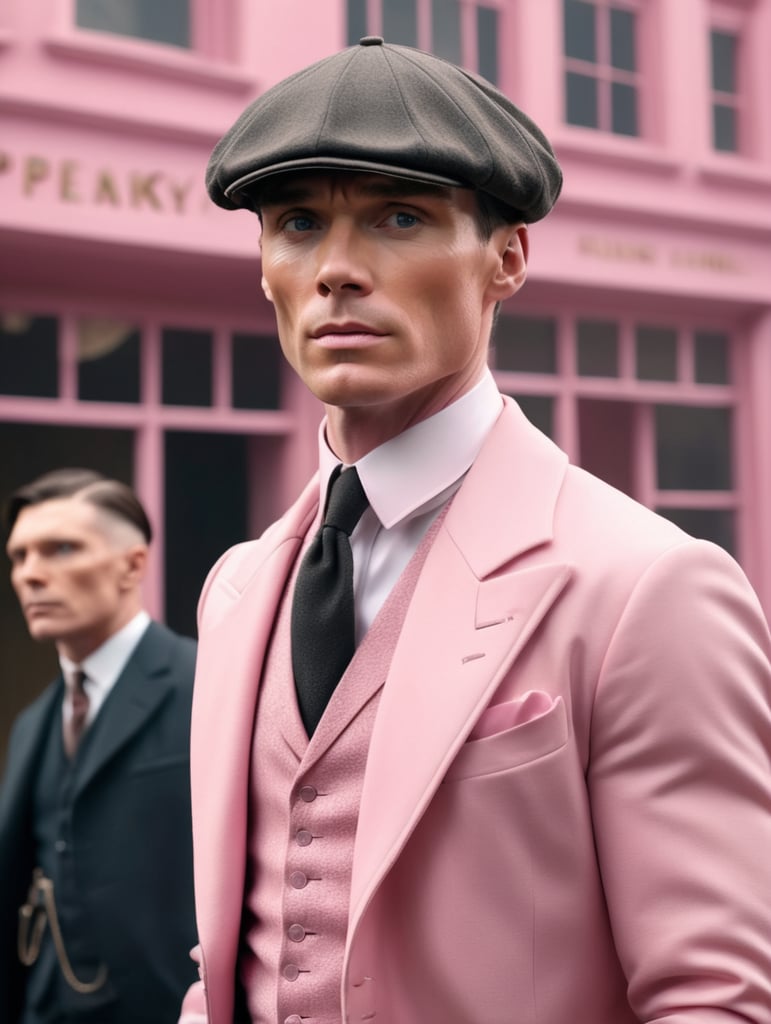 Cillian Murphy as a character from the tv show "peaky blinders", wearing clear pink clothes, realistic, medium shot, peaky blinders style background