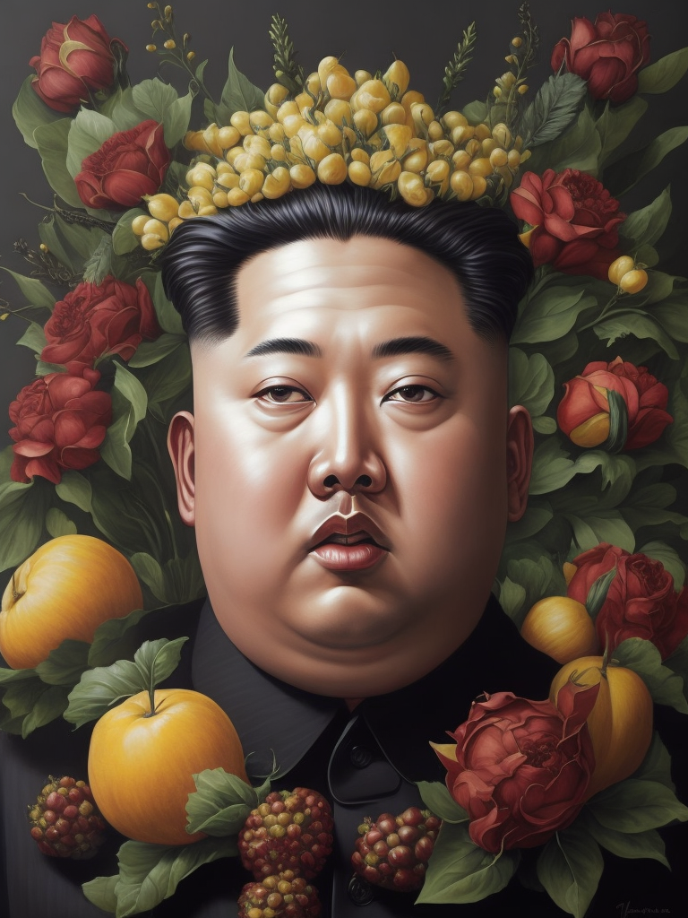 a painting of Kim Jong Un head surrounded by flowers and fruit, Painting, Oil, Still Life, Botanical, Italy, style of Giuseppe Arcimboldo